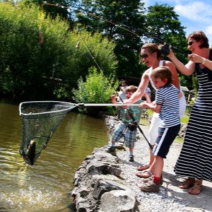 small boy with family landing a trout in a net at Kilnsey Park