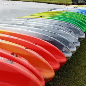 row of sit on kayaks