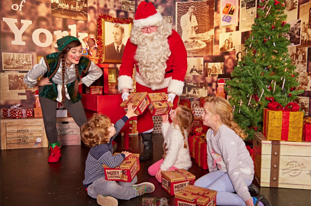 Santa and elf at York chocolate story