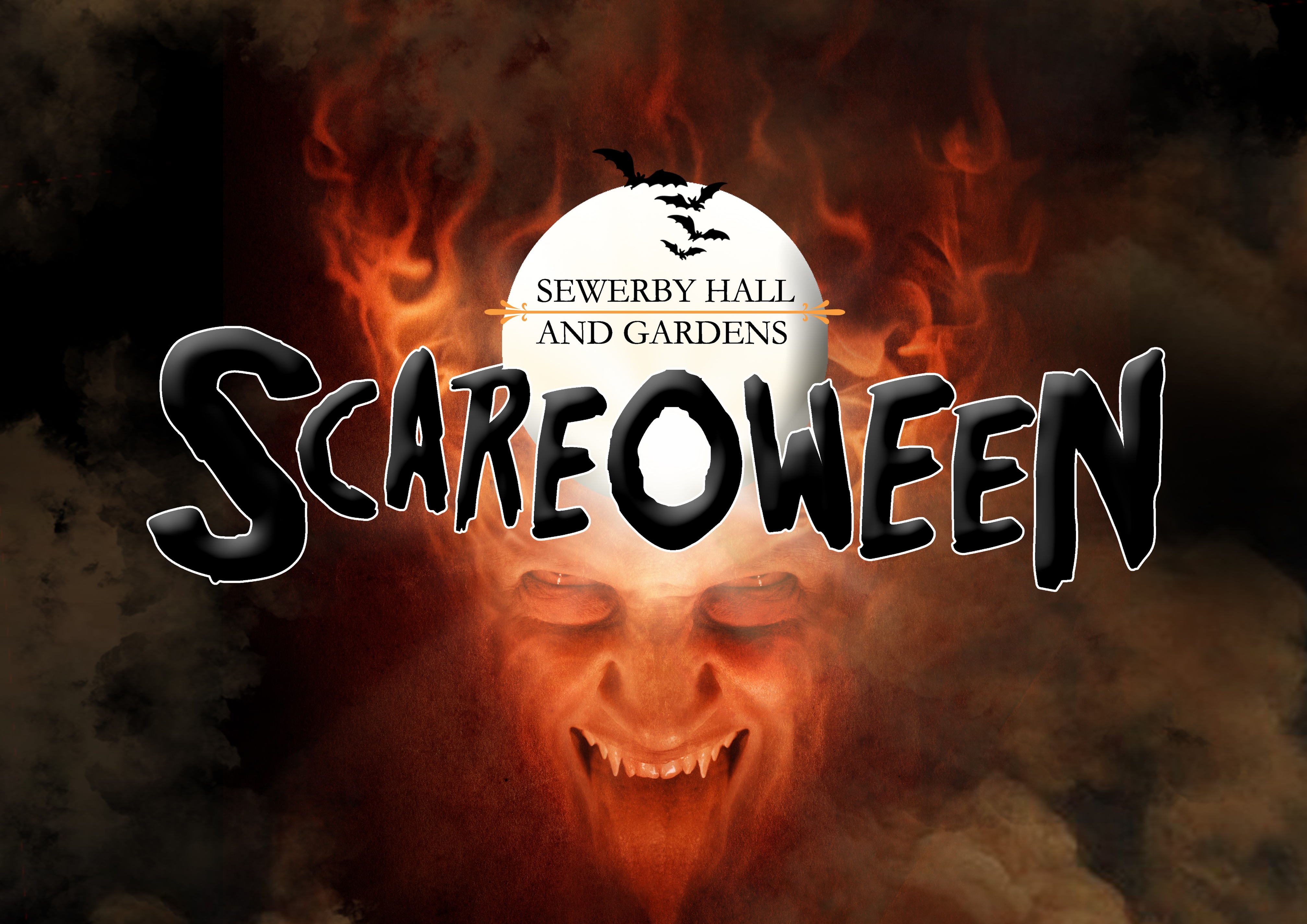 Sewerby Hall Scareoween, spooky deviish face with flame hair and promo text details for halloween at sewerby hall 