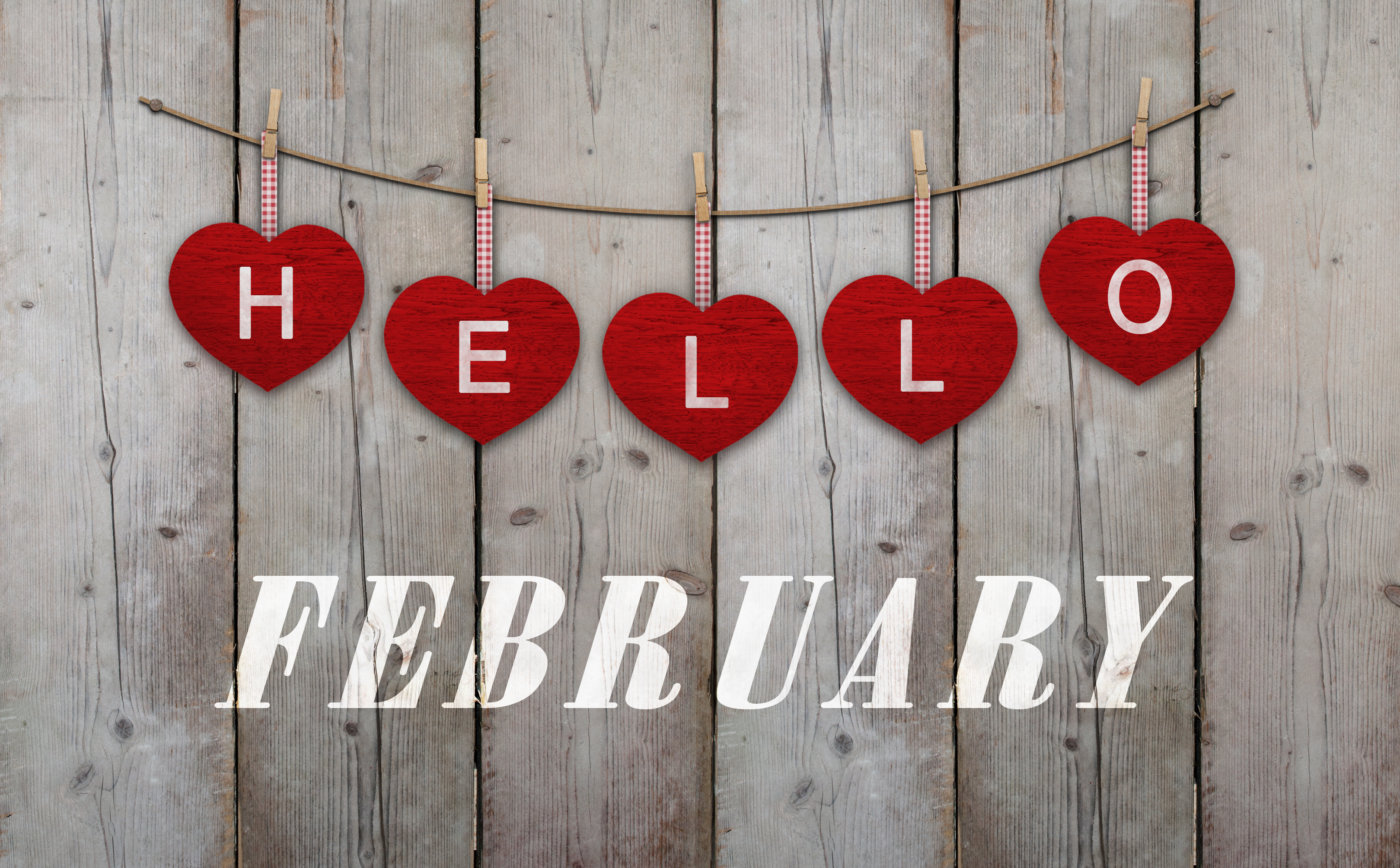 Hello February log , with hello written on red hearts
