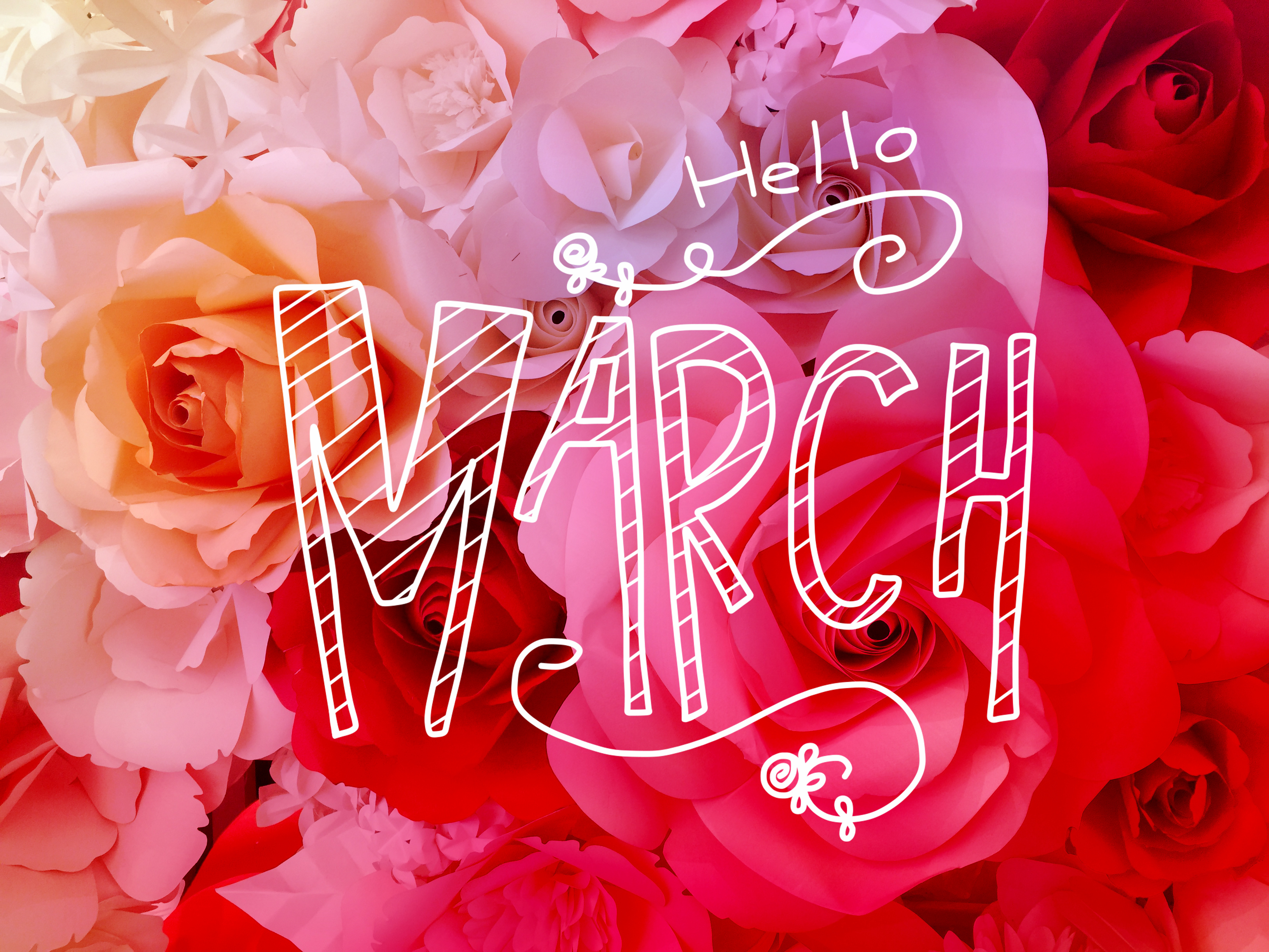 Hello march with background of red flowers 