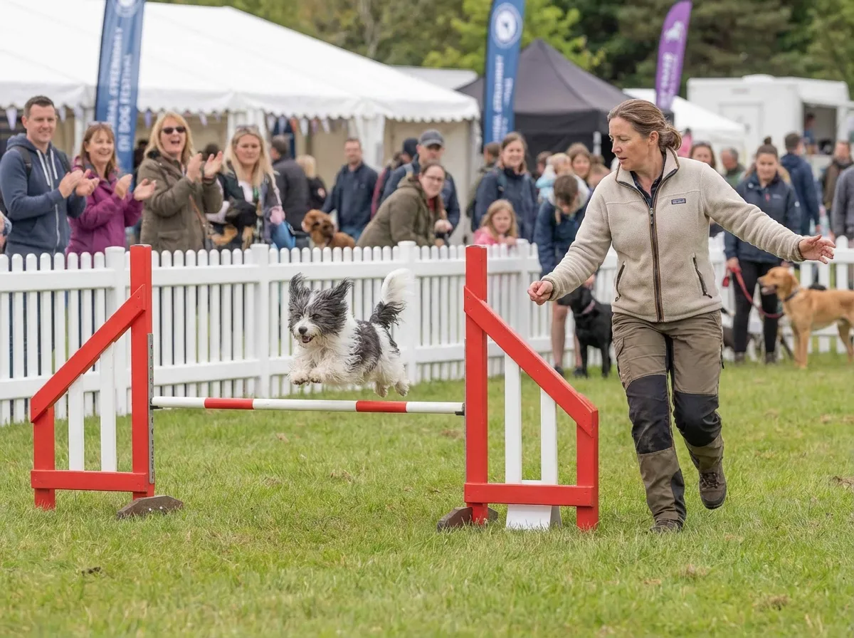 Dog jumping over a red and white hurdle on an agility course at Dogfest at Harewood house in September