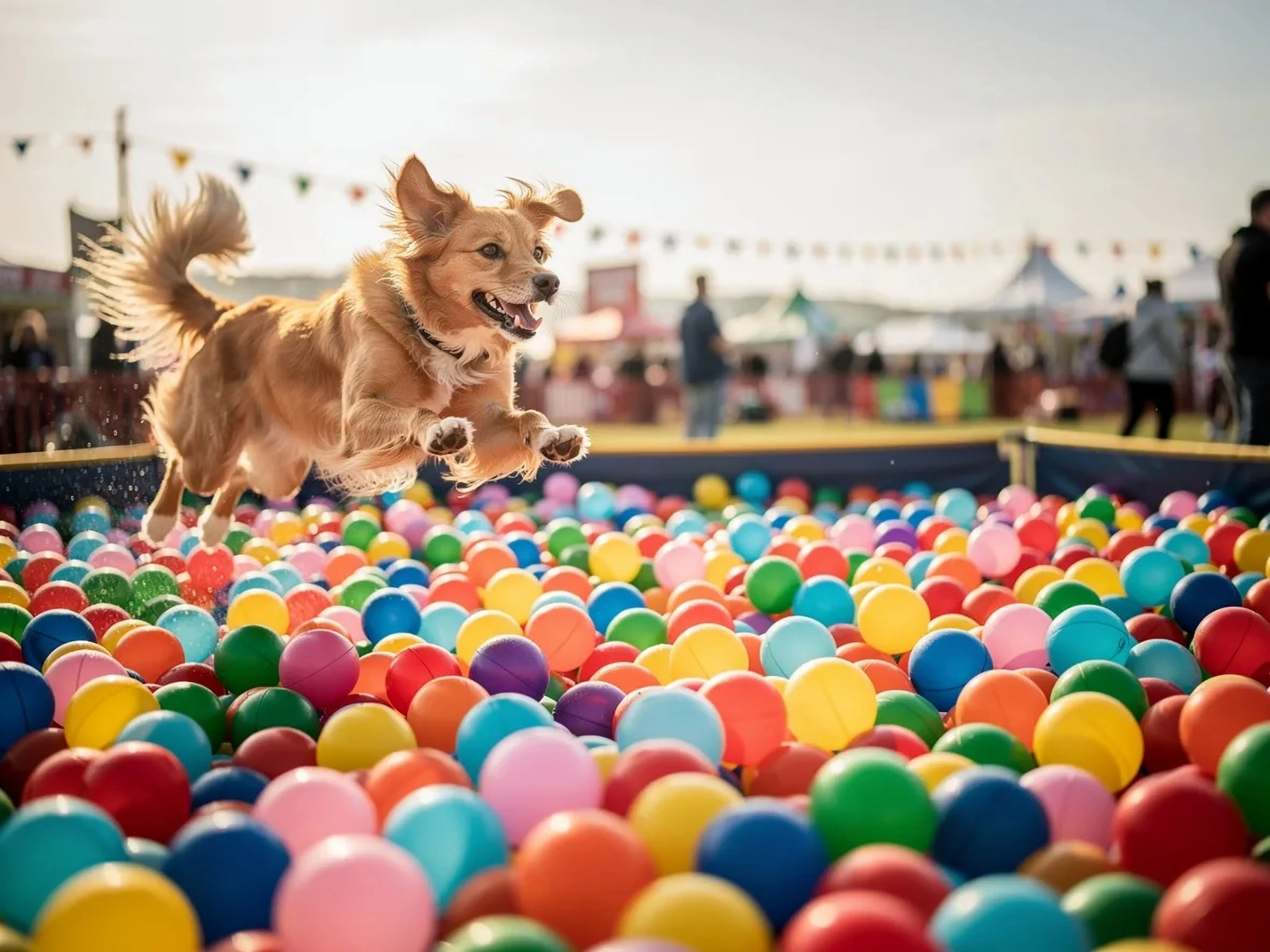 Dog leaping into a giant ball pit at dogfest