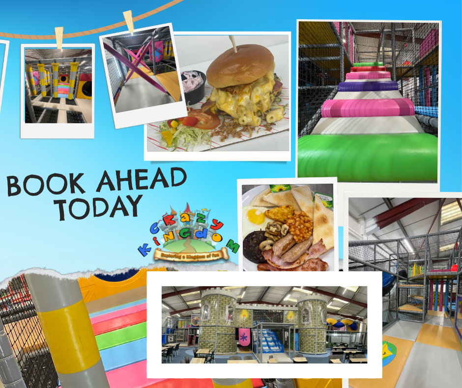 collage of images from Crazy Kingdom soft play centre in northallerton, including slides, food and play equipment.