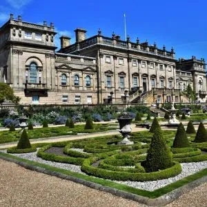 HArewood House with formal gardens in the foreground
