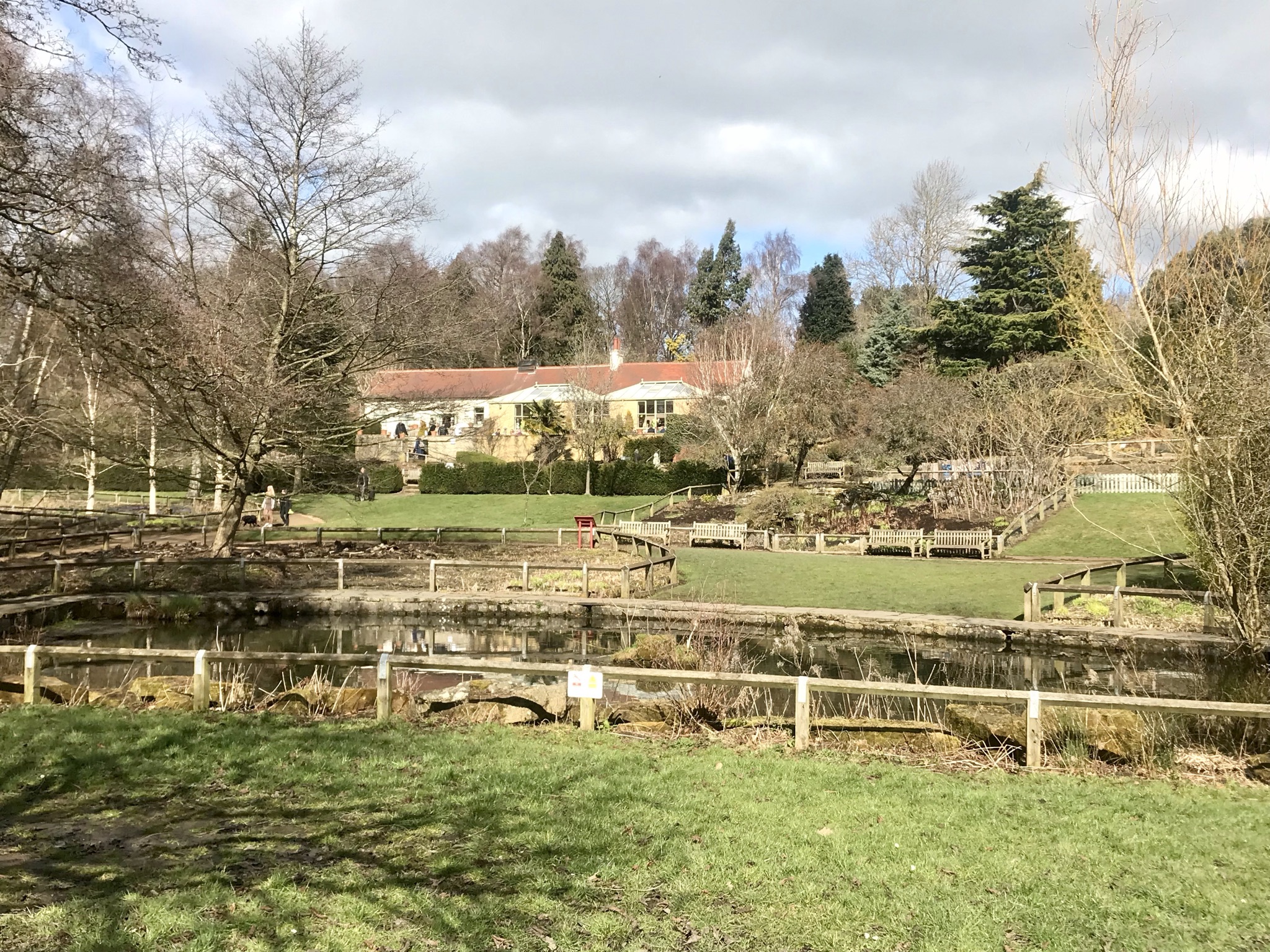 cafe and pond at golden acre park in Leeds.