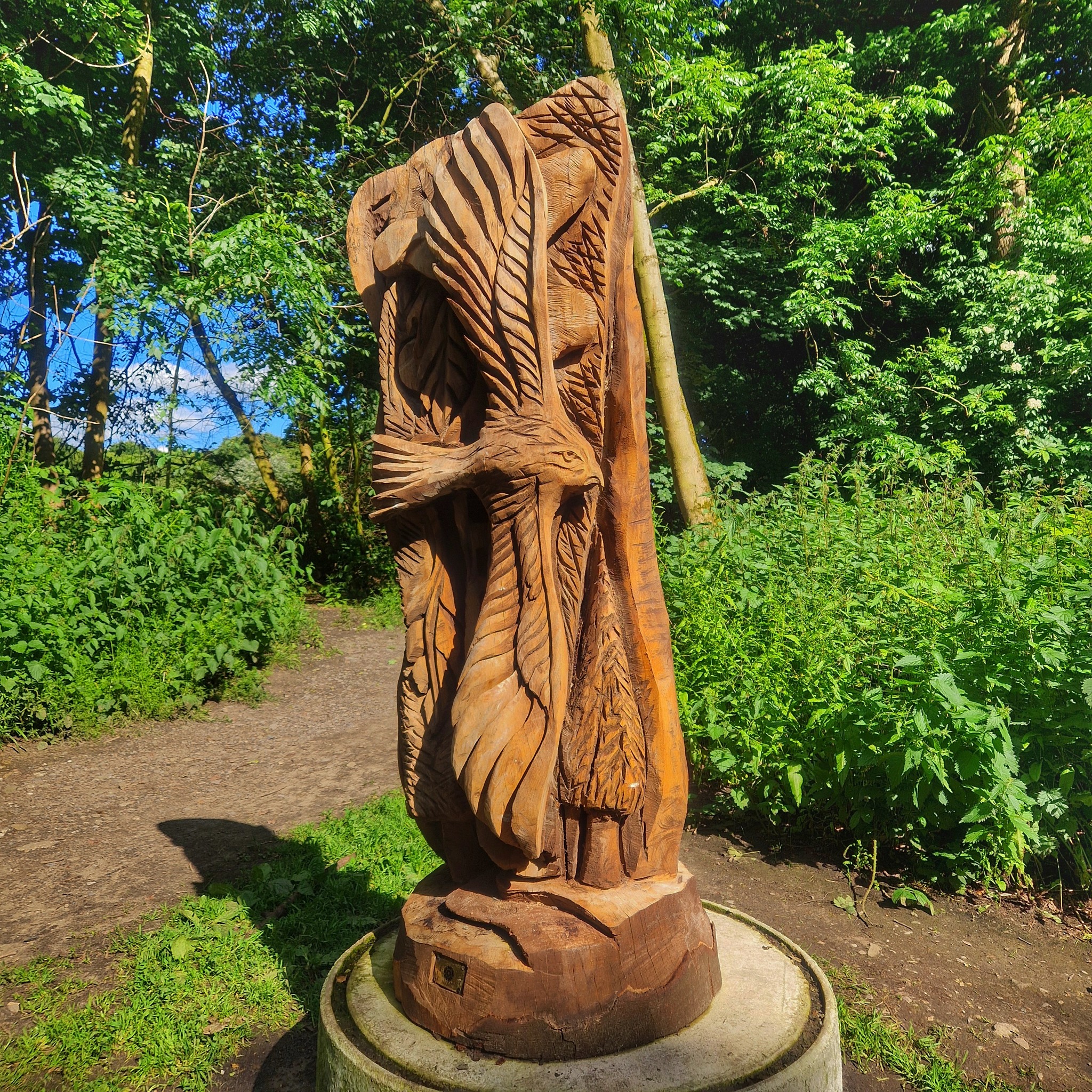 sculpture of a bird carved into a tree stump, sculpture can be found in Roundhay Park in Leeds as part of a sculpture trail