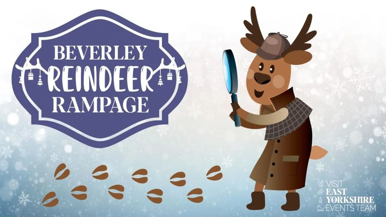 Reindeer dressed as Sherlock Holmes with a magnifying glass and deerstalker