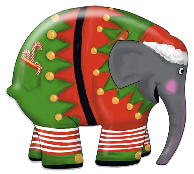 Elmer the elephant in festive elf costume