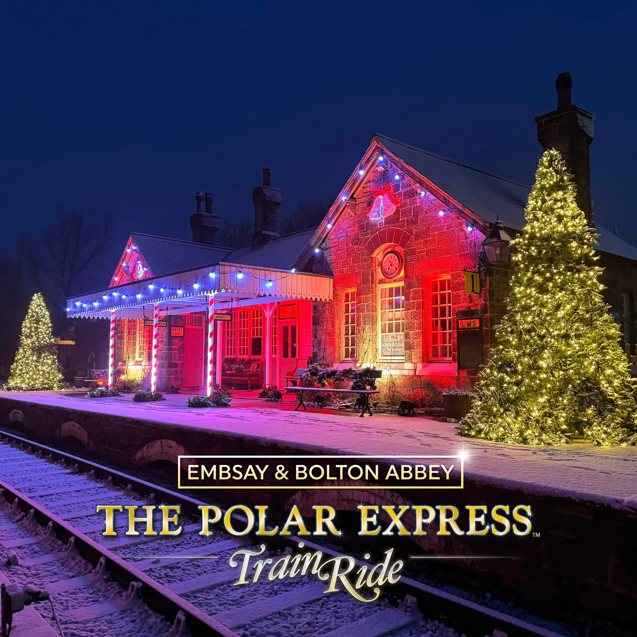 embsay railway lit up with christmas lights 