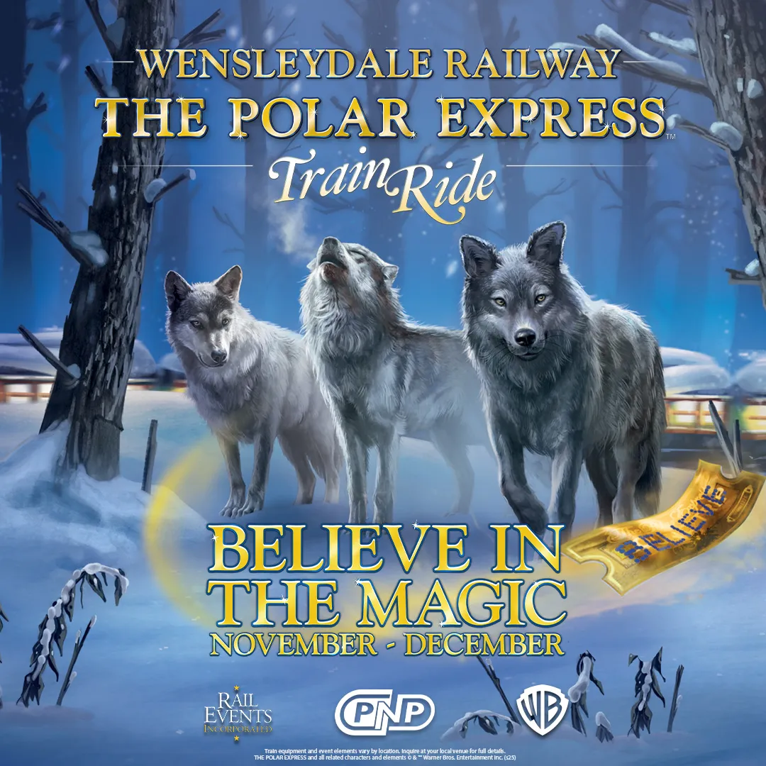 Wensleydale Railway Polar Express poster with wolves in a twilight woodland setting