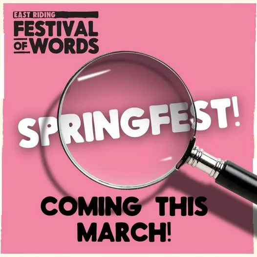 Festival of words text with a magnifying glass over the words and a pink background