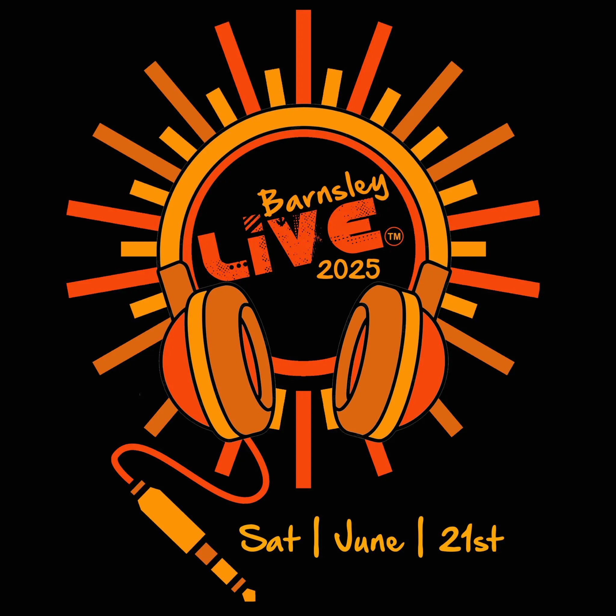 Barnsley Live logo, text and lsun like circle in orange and yellow on a black background. 