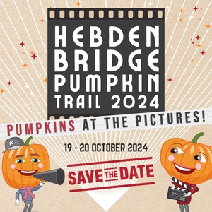 Cartoon pumpkins with a clapperboard and words hebden bridge pumpkintrail - pumpkins at the pictures.