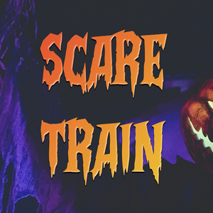 Scare Train in orange to yellow letters with blue and black background.