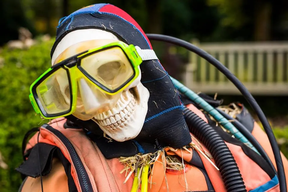 skeleton in a wetsuit and divers mask