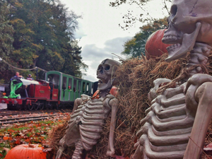 skeletons leaning against hay bales inthe foreground with the north bay railway train in the background.