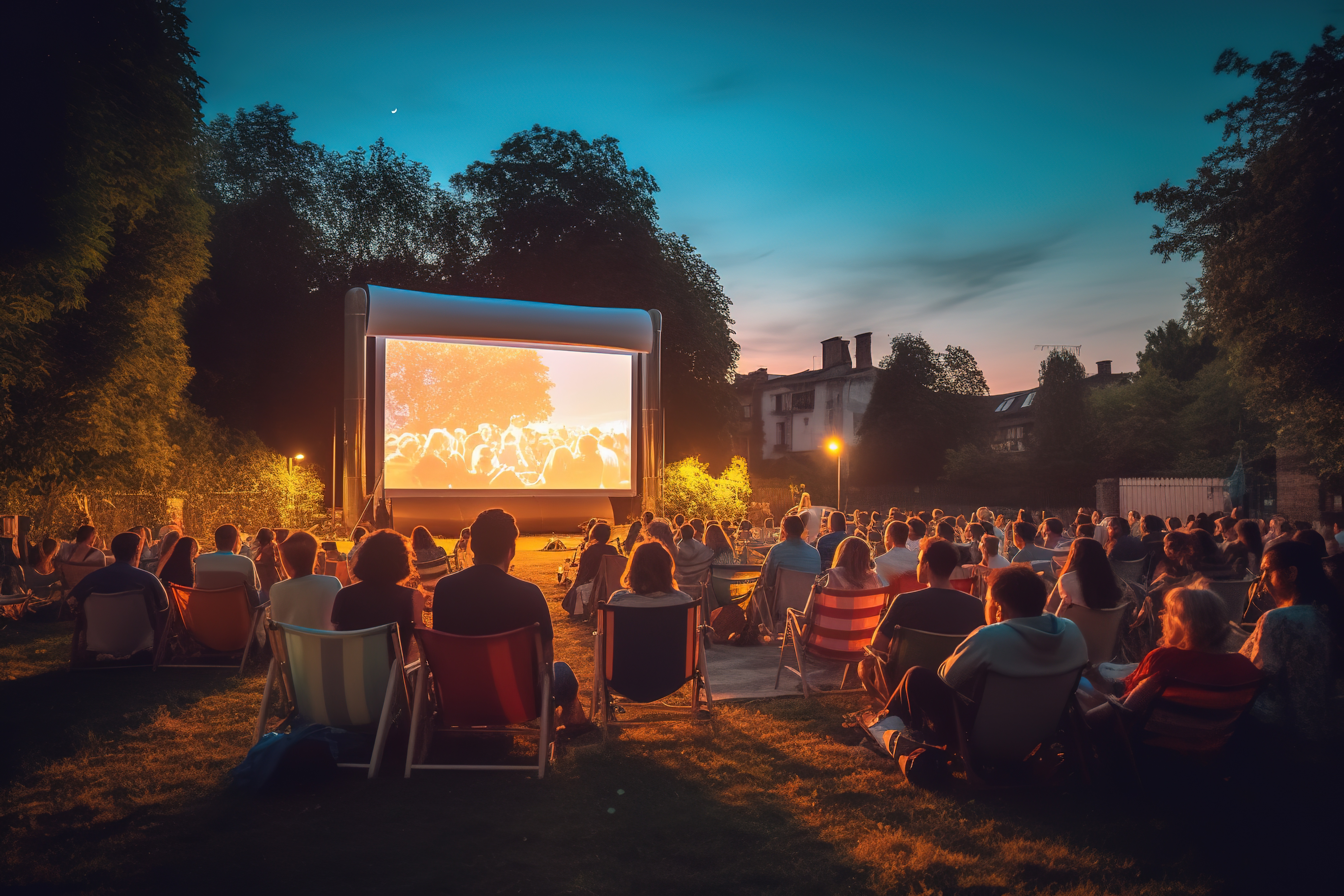 AI image of people seated in aprkland watching a movie on a big screen as the sun settles in the background