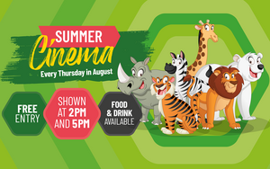 logo for summer cinema at lakeside, green background with cartoon wild animals and text about the event