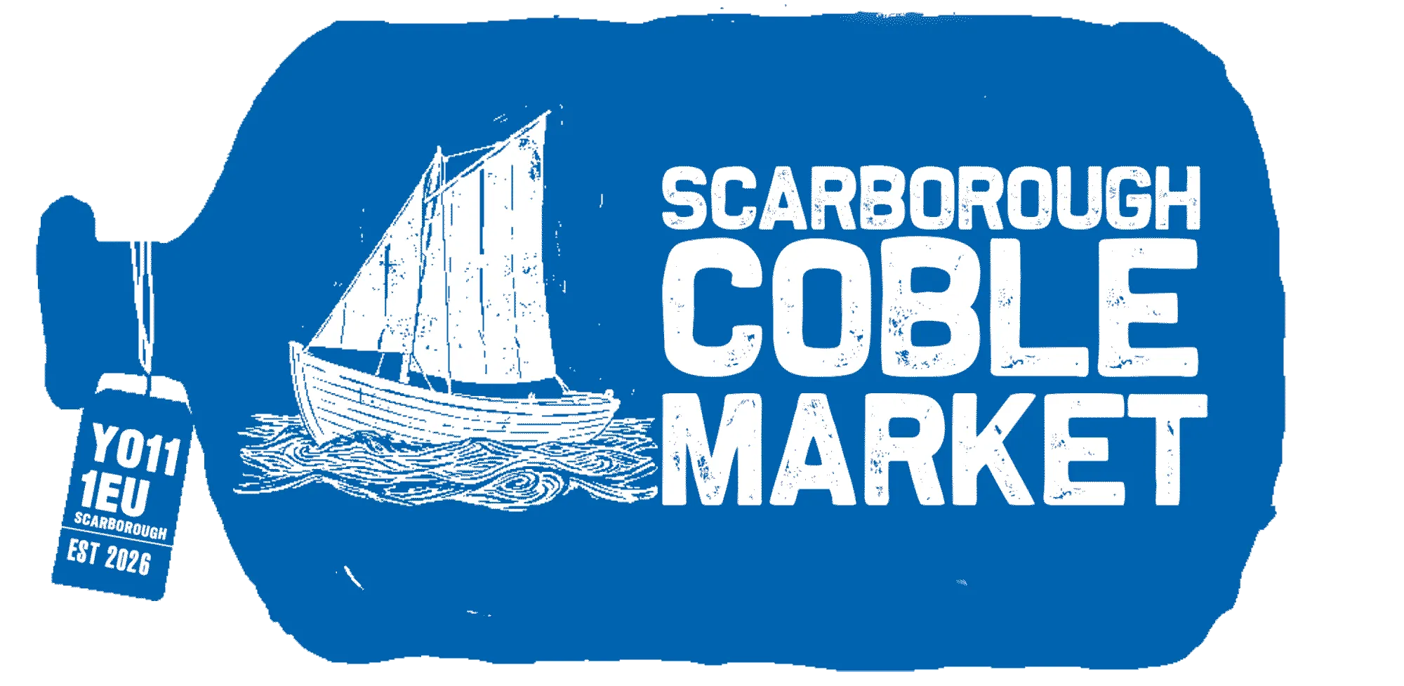 Coble Market logo, a bottle on it's side coloured in blue with text details about the market in Scarborough.