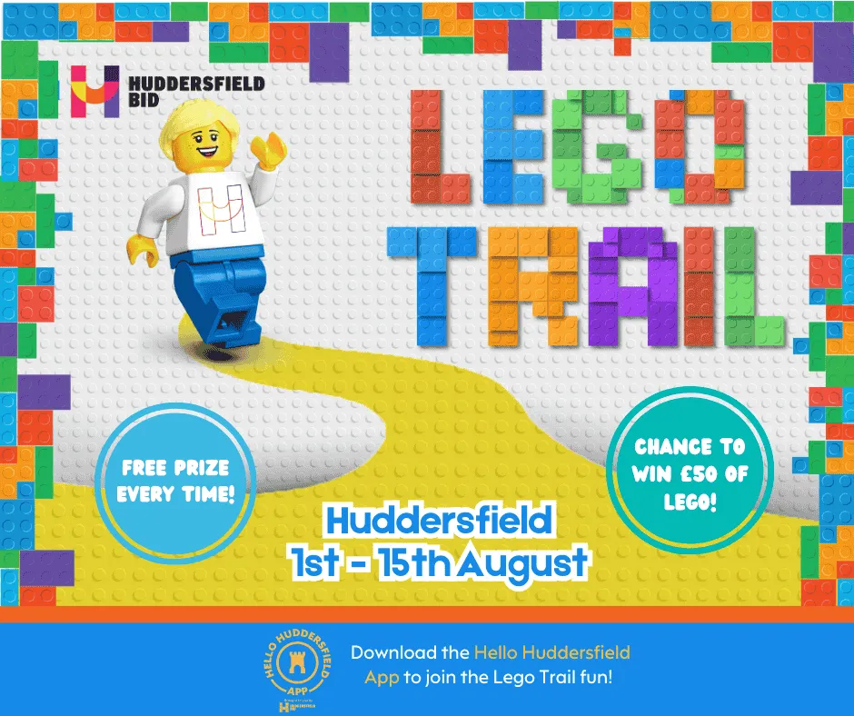 poster for huddersfield lego trail with lego minifigure and text