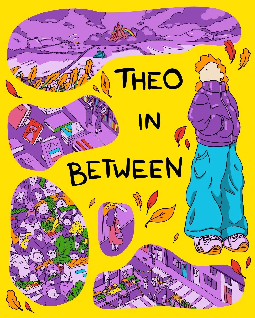 theo in between play logo with a yellow background and illustrations of a young person.
