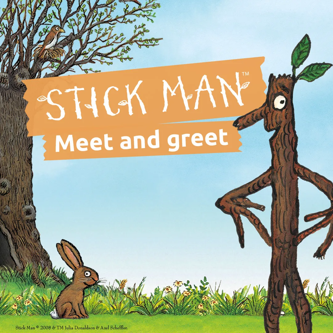 illustration of the stick man with trees, rabbits and other woodland features.