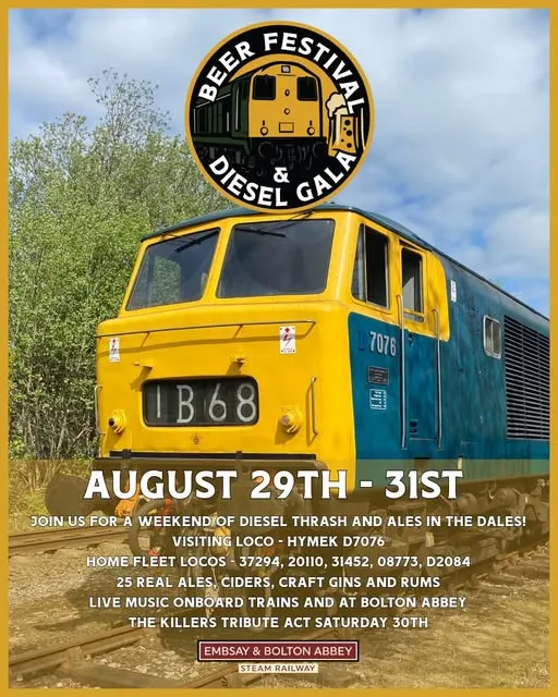 diesel train on tracks overwritten with details of the diesel and beer festival