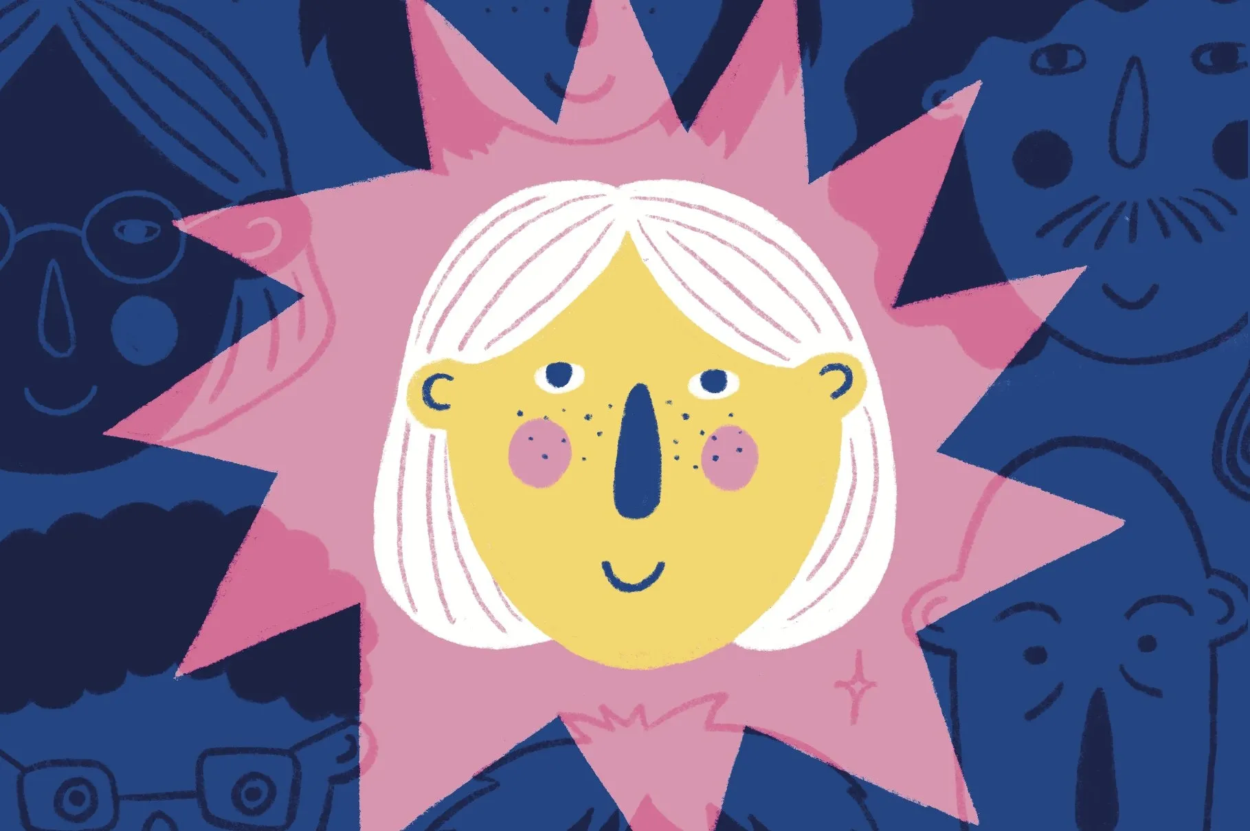 Logo for LEeds poetry festival, face with a blue background on a cartoon format