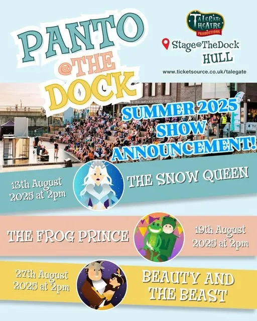view of people watching a performance at the stage at the dock in hull, with details of upcoming panto shows.