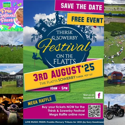 Poster for Thirsk Festival in bold vivid yellow, pink and blue.