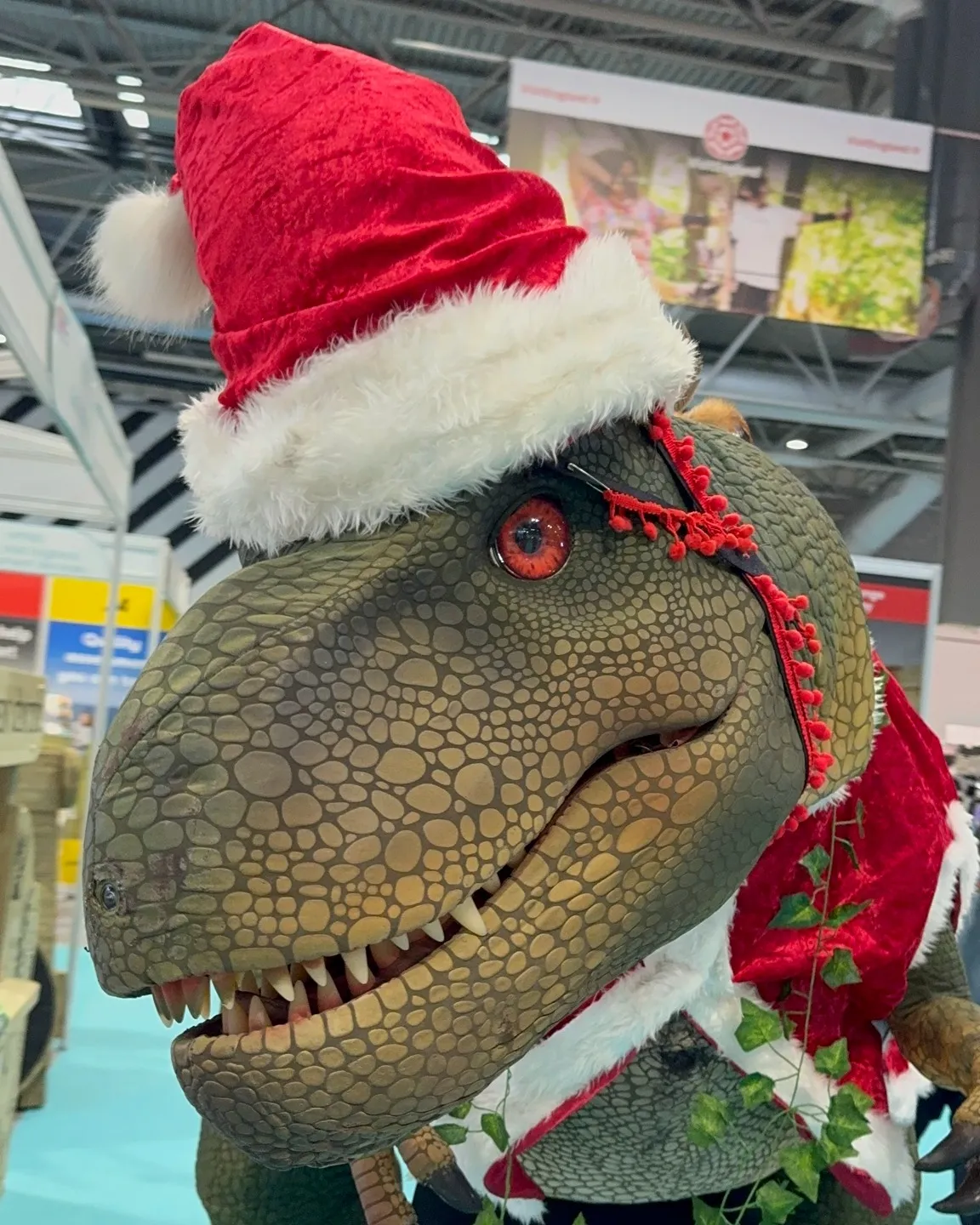 T-Rex dinosaur in a santa suit.