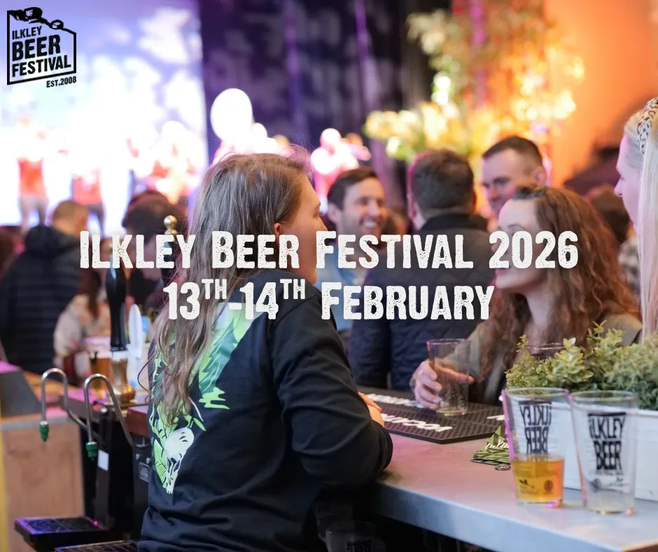 people drinking beer at a bar with ilkley beer festival 2026 dates writen across the image
