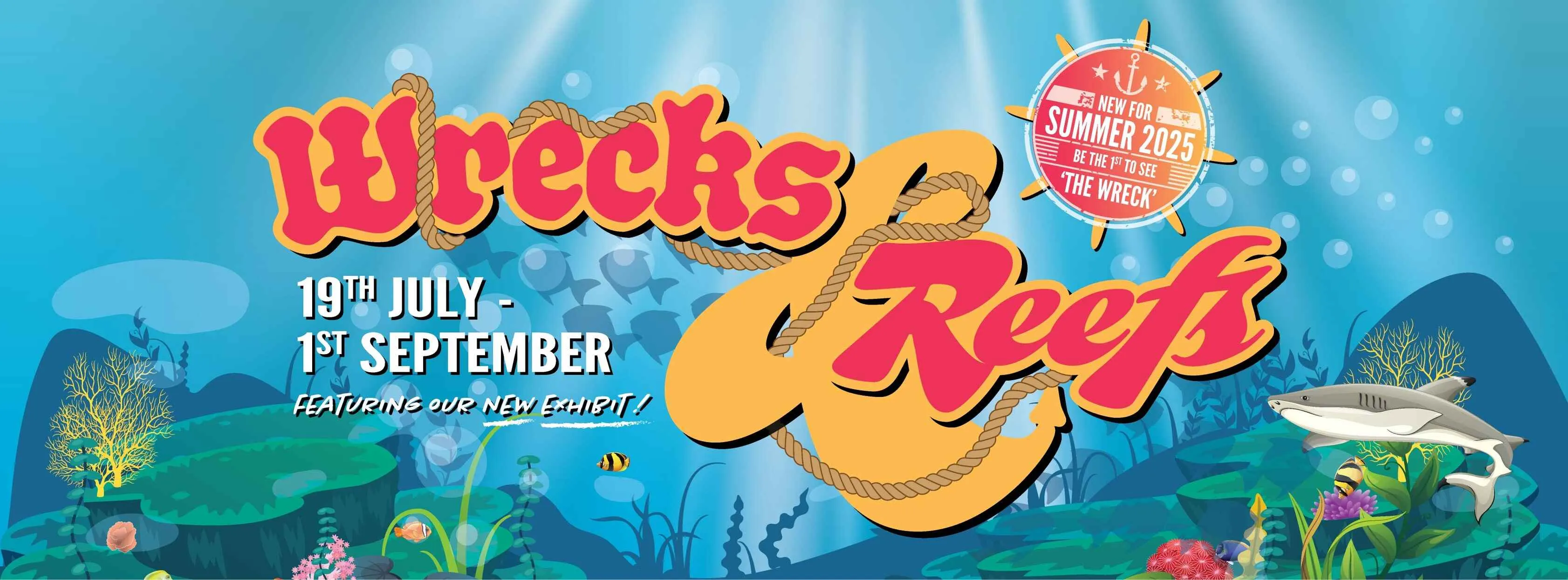 graphic if an underwater world with wrecks and reefs emblazoned across the front in red and yellow text