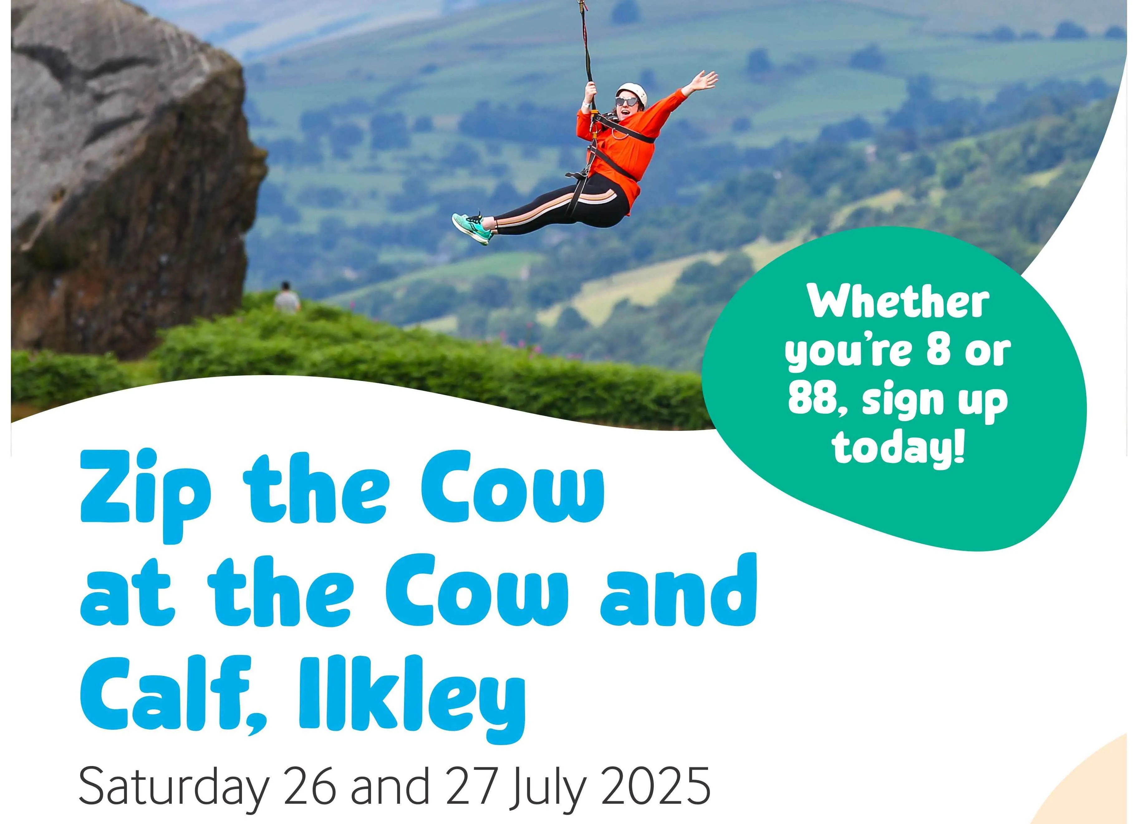 person in a red jacket waving as they zipline from the cow and calf rocks in Ilkley