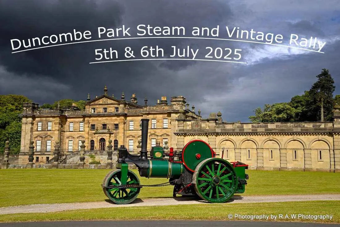 Steam engine in front of Dumcombe park stately home