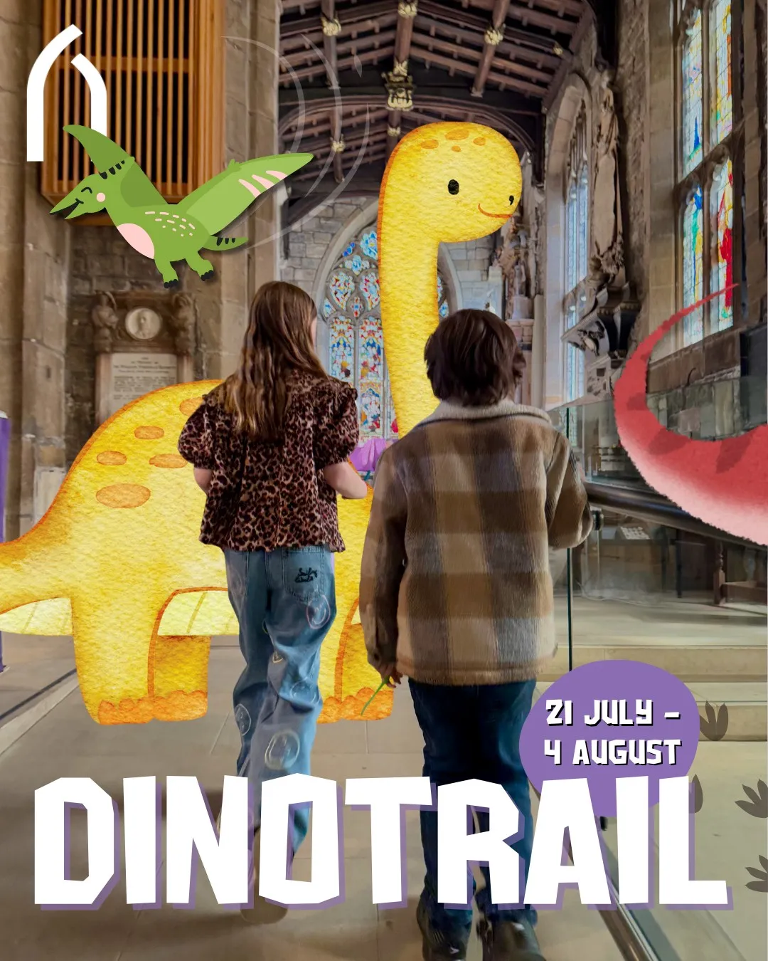 two children looking into sheffield cathedral at big brightly coloured dinosaur prints.