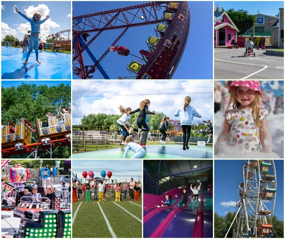 collage of images from Web Adventure park including fairground ride, indoor soft play