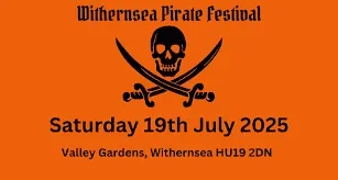 Withernsea pirate festival logo - black text on an orange background