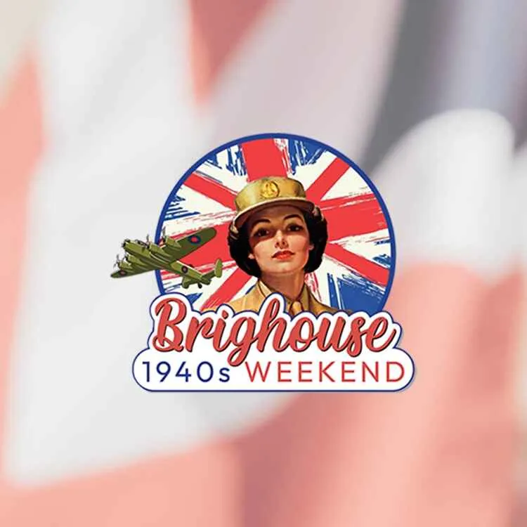 Brighouse 1940's weekend logo with land girl, planes and Union flag