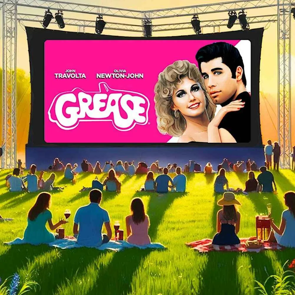 graphic of people sitting on grass in front of a large outdoor cinema screen