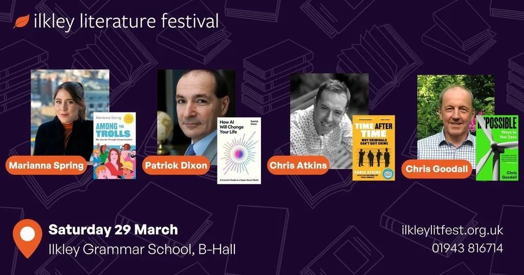 promotional image for Ilkley literatire festival author day, with images of authors and their books on a purple background. 