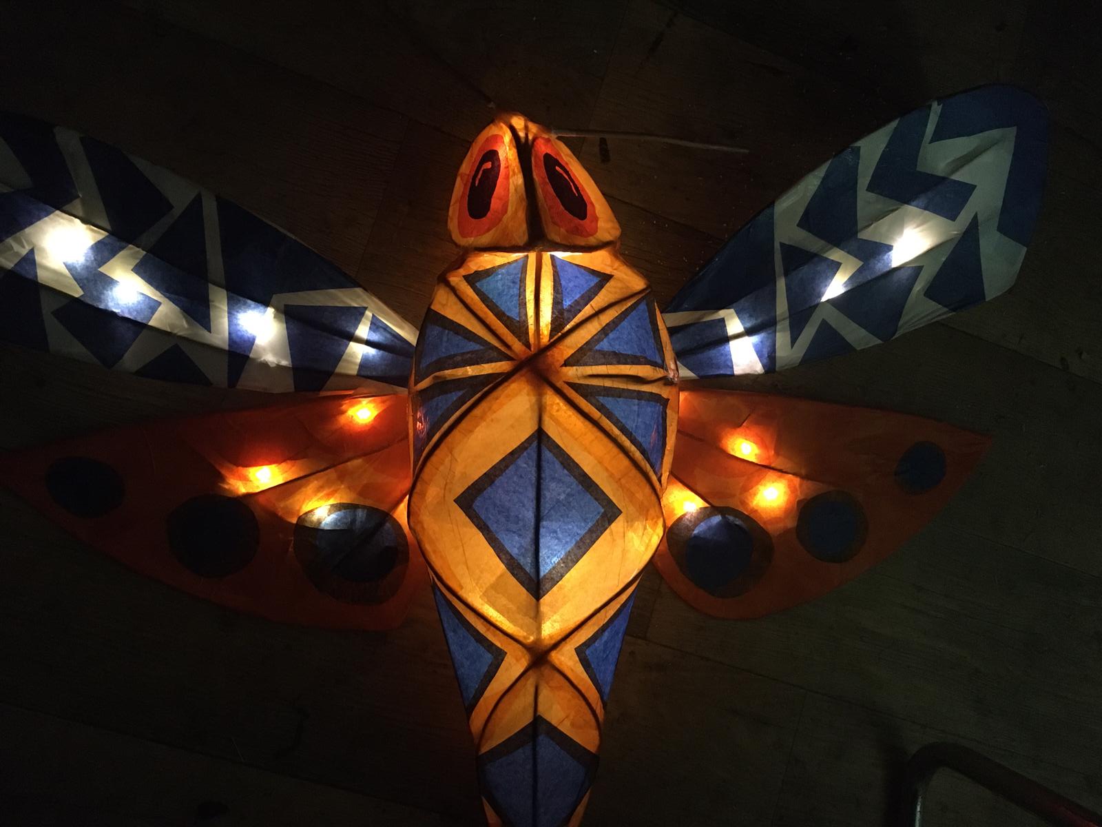 blue and ornage giant dragonfly lantern
