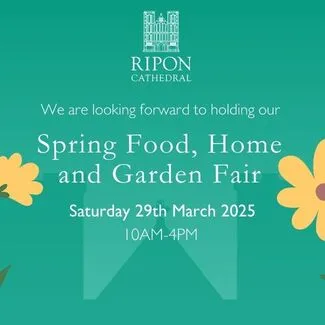 Ripon Spring Fair logo, white text and line drawing of Ripon Cathedral on a green background with yellow flowers in the bottom corners.