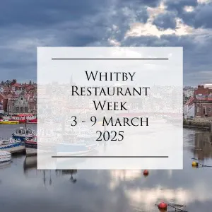 whitby harbour view towards the town, with text overlay Whitby Restuarant Week 2025.