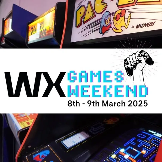 retro games machones with banner across the middle of the image with text stating WX Games Weekend