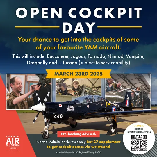 logo for Yorkshire Air museum Open Cockpit day with text title and small pictures of people enjoying sitting in the cockpits.