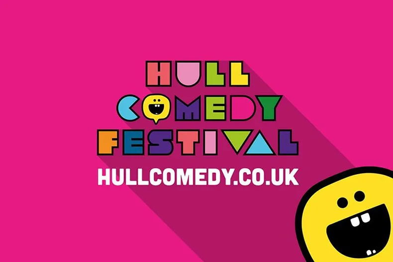 Hull comedy fest in brght letters on a pink background