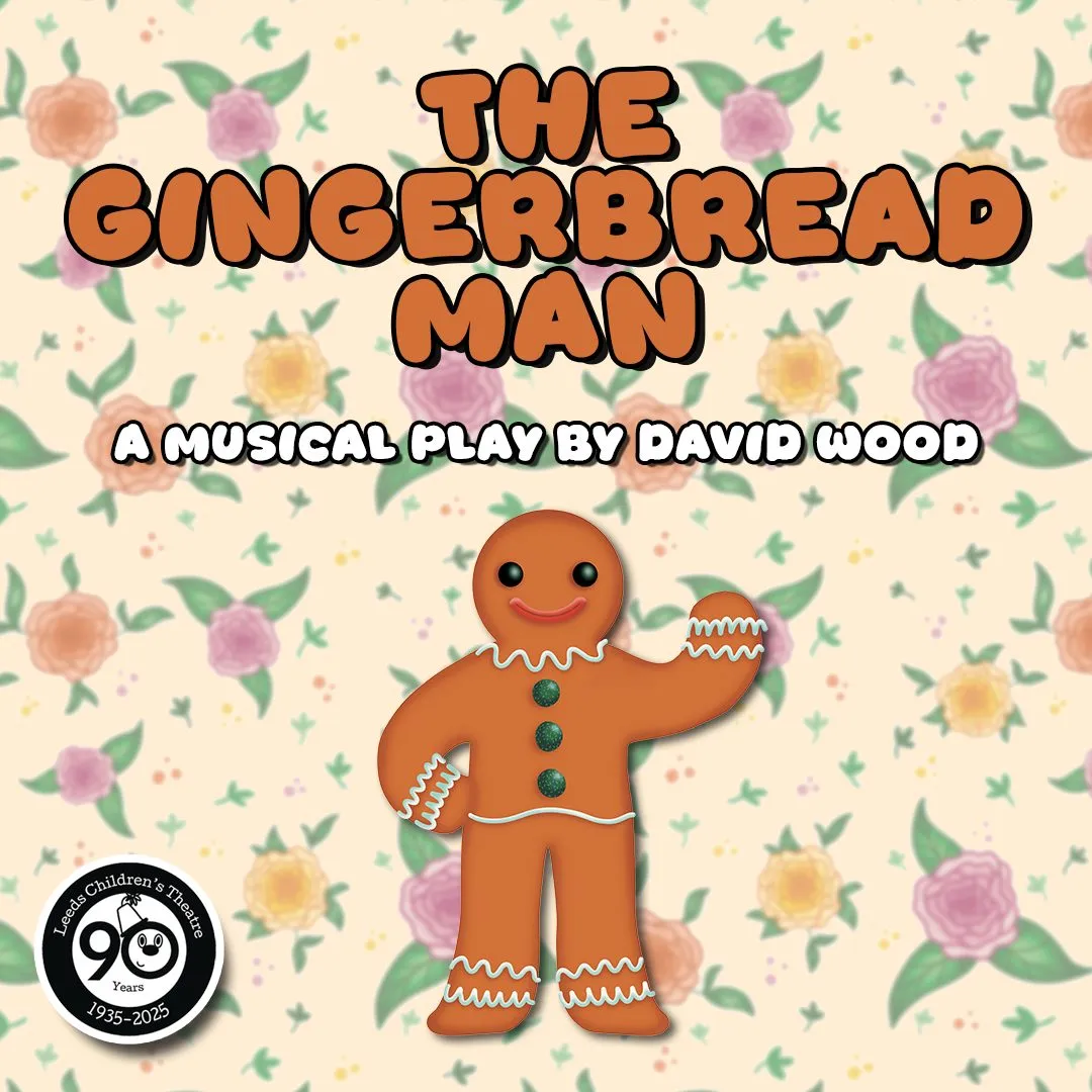 cartoon gingerbread man waving with floral patterned background